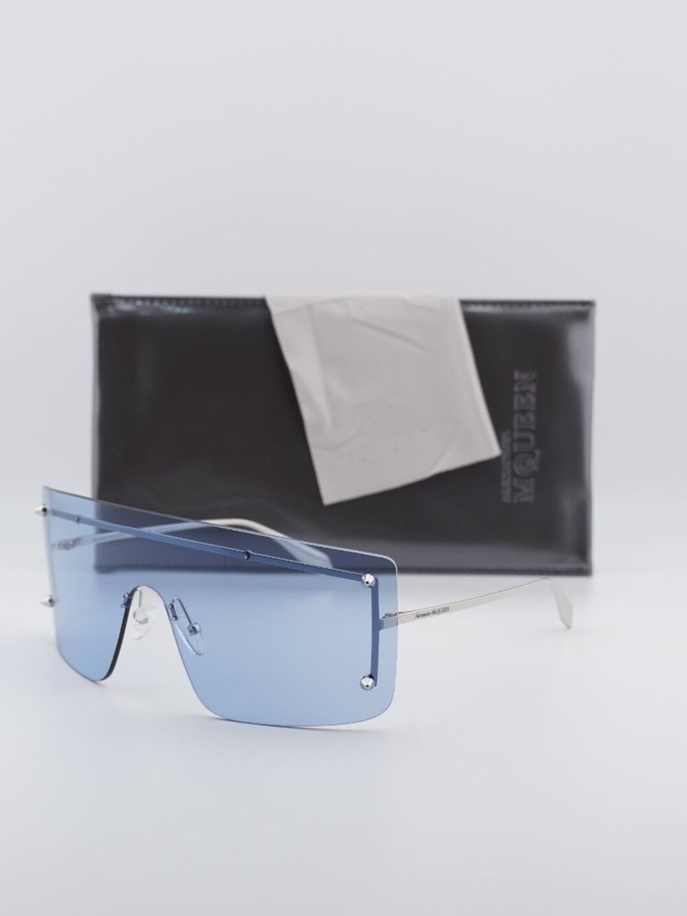 Alexander McQueen AM0412S 004 Shield Sunglasses - Silver / Light Blue